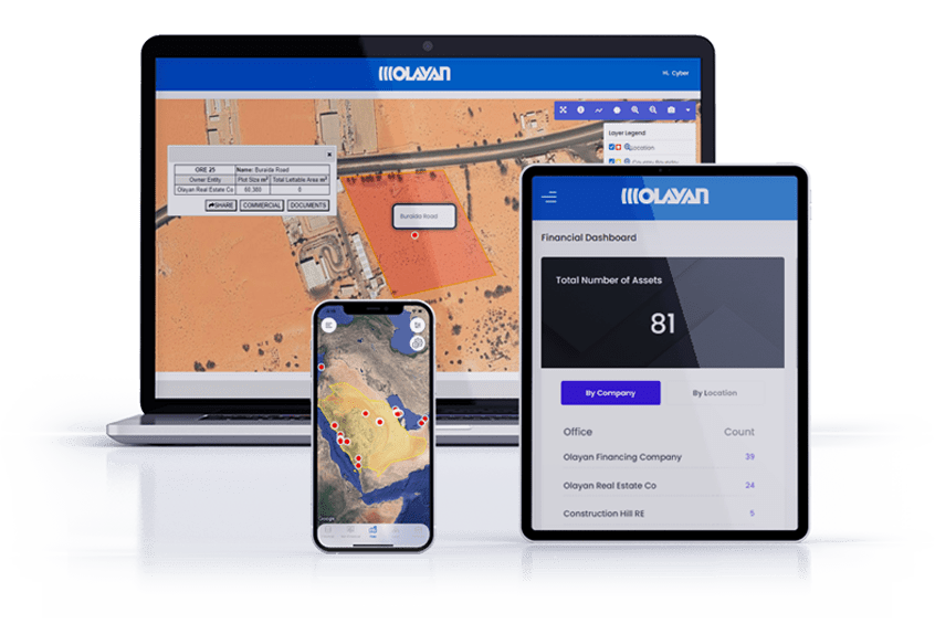 Land Management solution dashboard for olayan group on laptop, mobile and tab view